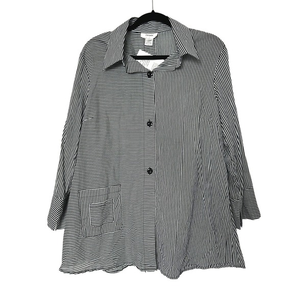 Dorman Tops - Vintage Dorman Button Down Shirt M Black White Striped Tunic artsy beetlejuice